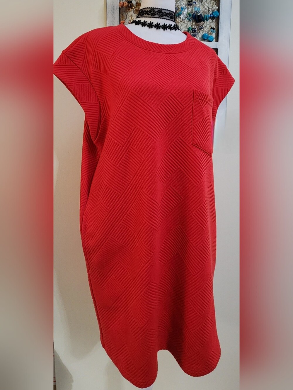 Entro Red Textured Pocket Shift Dress Large